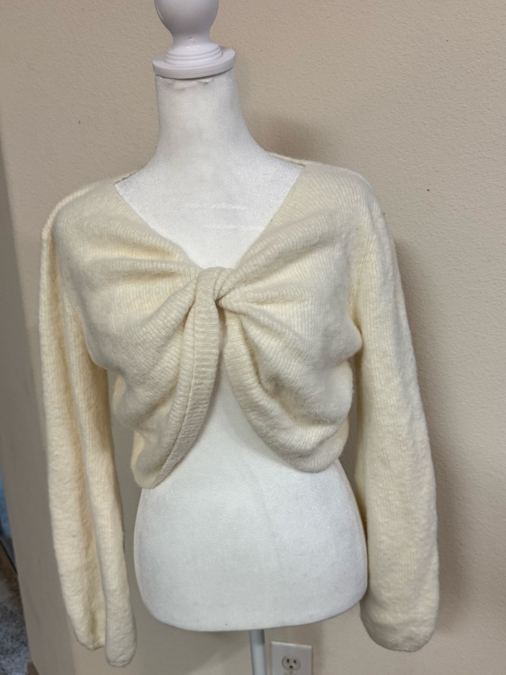 SHEIN Cream Twist-Front V-Neck Knit Sweater